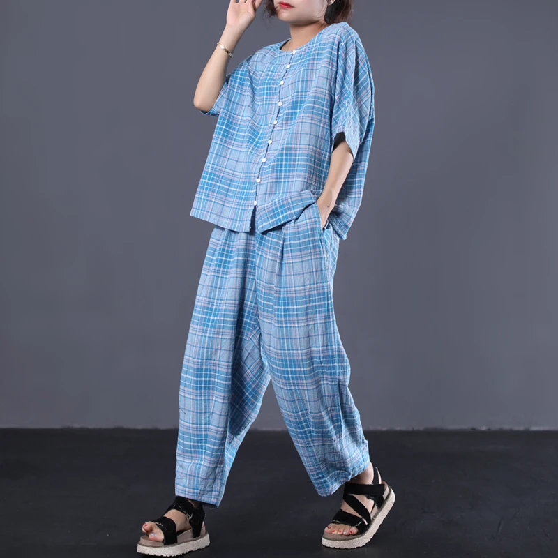 

[EWQ] 2019 Summer New Pattern New Korean Loose Large Size Roung Collar Single Plaid Splice Short Sleeve Full Pants Coat AF436