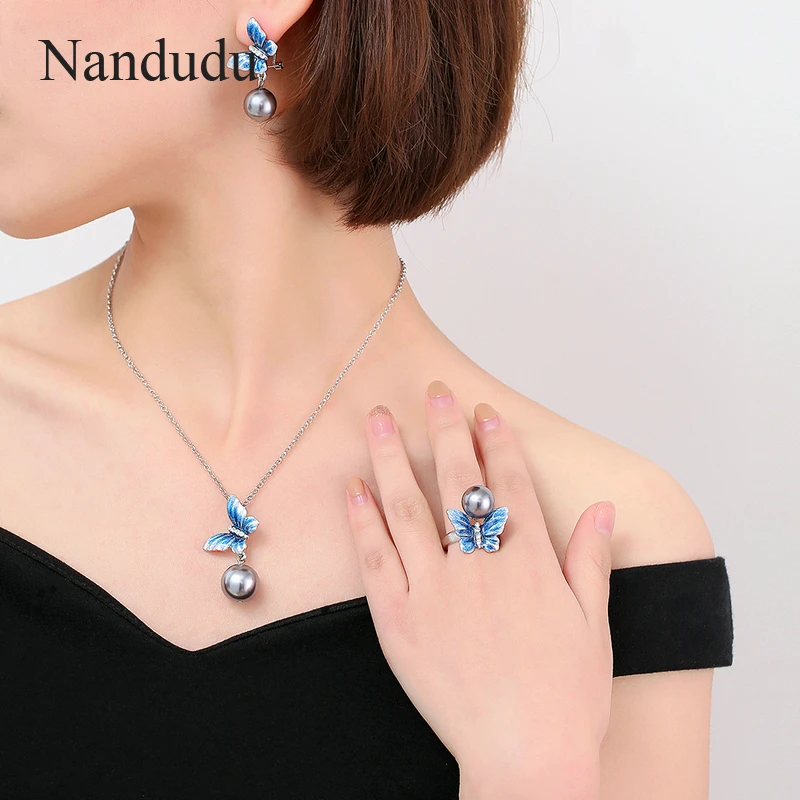 Nandudu, модные стразы, имитация жемчуга, серьги и ожерелье, ювелирный набор, опт, для женщин, CN354