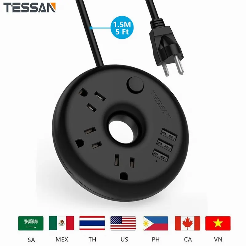 Tessan Travel USB Power Strip 3 AC Outlets and 3 USB Ports