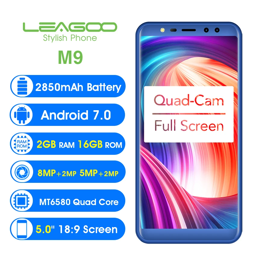 LEAGOO M9 5 &quot18:9 полный Экран мобильный телефон Android 7 0 MT6580A 4 ядра 2 GB + 16 четыре камеры