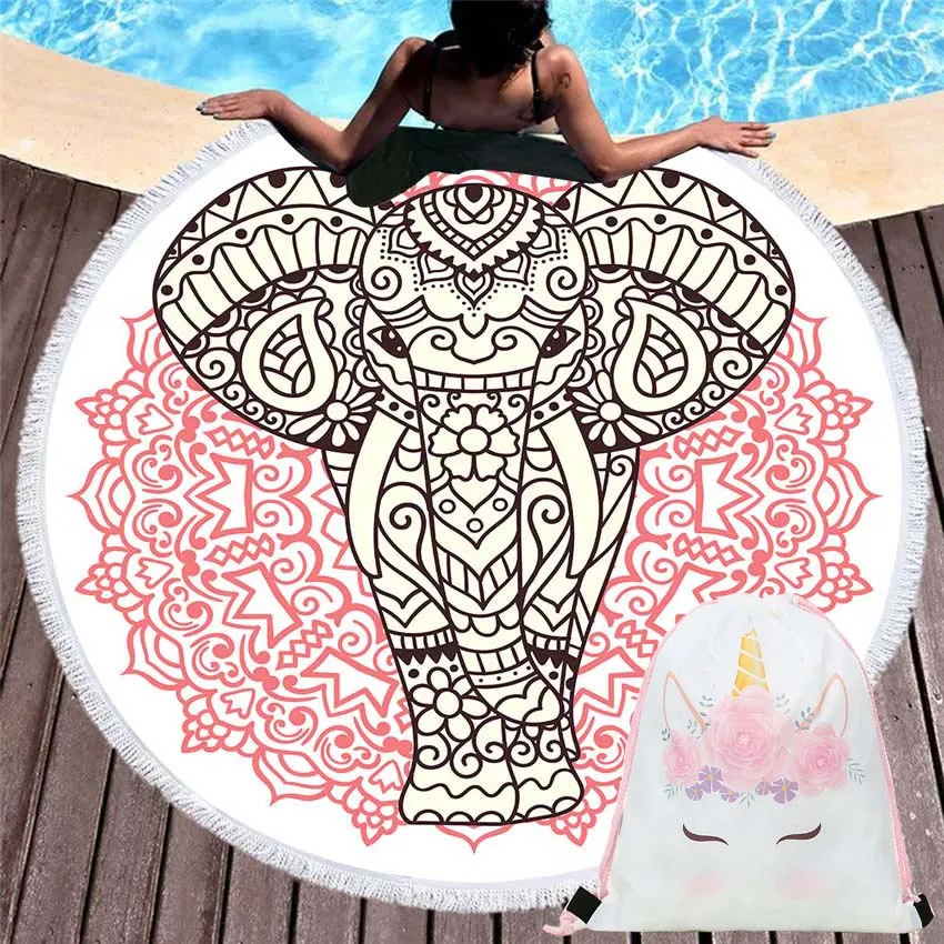 

150cm Summer Elephant Round Beach Towel Blanket Soft Home Yoga Mat Shower Sport Bath Towel Seaside With Drawstring Backpack Bag