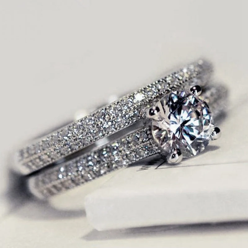 

2pcs/lot Silver Double Rings Set Engagement Woman Cubic Zirconia Ring For Women Ladies Lover Party Wedding Jewelry