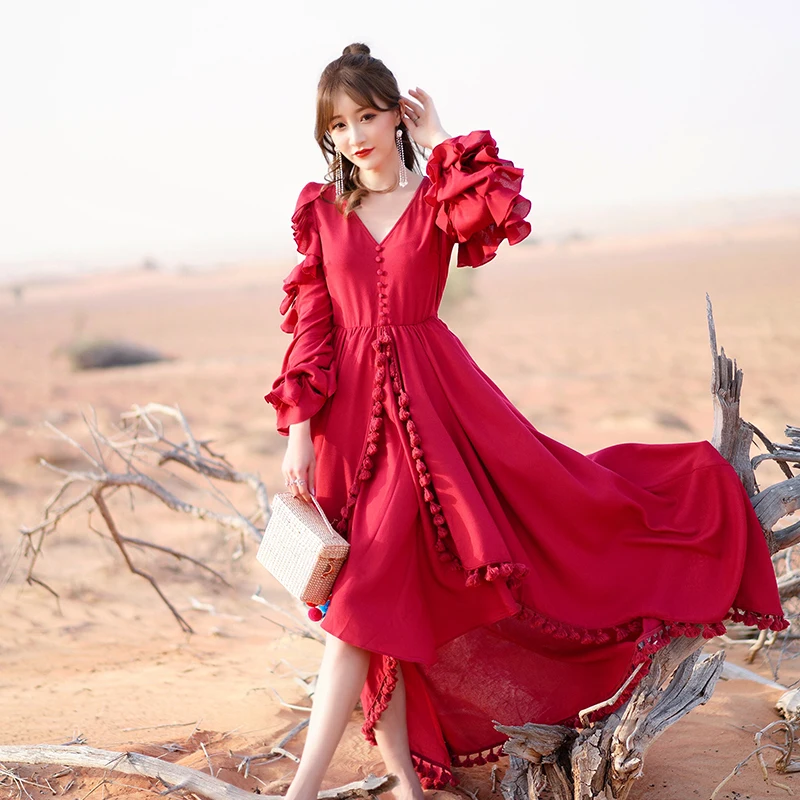 YOSIMI летнее длинное женское платье красного цвета с длинным рукавом и v-образным вырезом, винтажные женские вечерние платья, элегантное платье макси с длинным рукавом