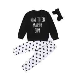 Модные Штаны из 3 предметов для маленьких девочек с длинными рукавами Детская рубашка с надписью топ + Штаны + повязка на голову одежда