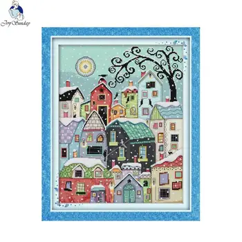 

Joy Sunday Snow Street Scenery,Counted Printed on Fabric DMC 14CT 11CT Cross Stitch kits, Embroidery Needlework Sets Home Decor