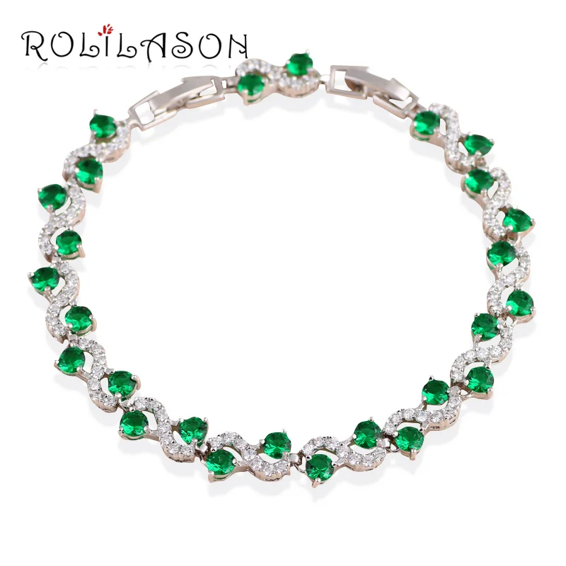 

ROLILASON High Quality Jewelry for Women Green Zircon Charm Bracelets Silver Shining Wedding Fashion Jewelry TB1013