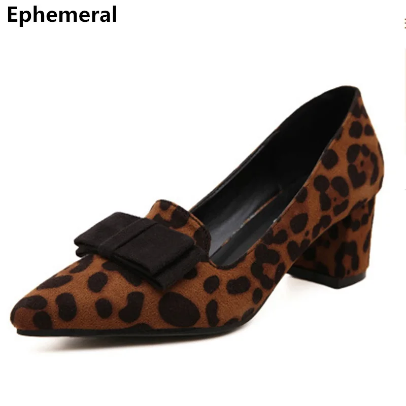 

Lady's Brown Beige Leopard Printed Pumps Single Shoes Big size 40 Women Zapatos Flock Square Med Heels Shoes Office Slip-On Bow
