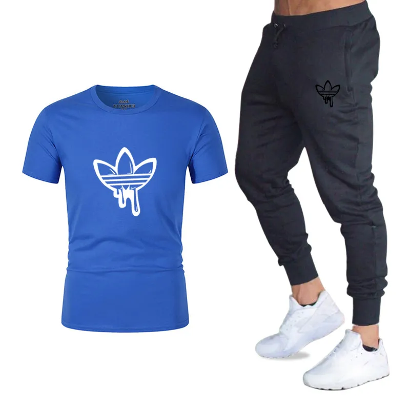 New 2018 Fashion Men's T-Shirt Gradient Top T-Shirt Set ADI Print Men's T-Shirt + Men's Trousers Quality T-Shirt Set