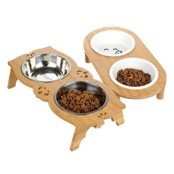 

Fashion Dog Feeders Bowl Bamboo Tableware Ceramic and Stainless Steel Double Mouth Bowl High Grade Antiskid Pet Supplies