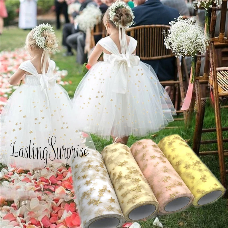 Wedding Decoration 15cm*9.1m Tulle Rolls Fabric Spool Craft Dress Gold Star Baby Shower Girl Party Favors Event Supplies