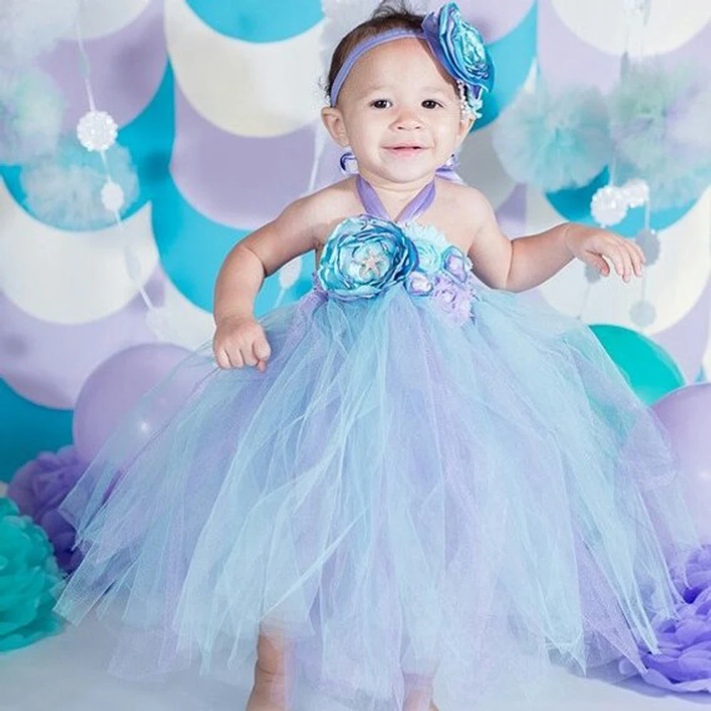 Aqua Voile Princess Ariel Flower Girl 1st Birthday Party Dress Alice in Children's Wonderland Costumes for Halloween Tutu Dress (3)