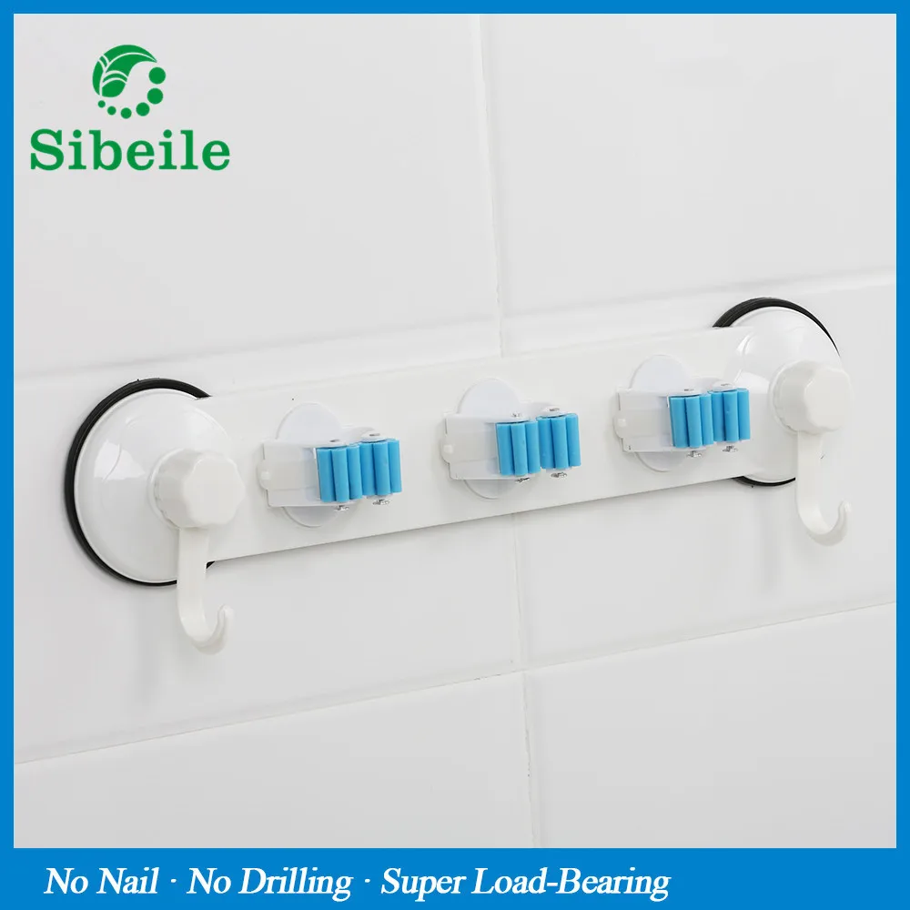 Kitchen Wall Mounted Hanger 3 Position Kitchen Storage Mop Broom Holder Tool Plastic Suction Cup Broom Holder Bathroom SBLE