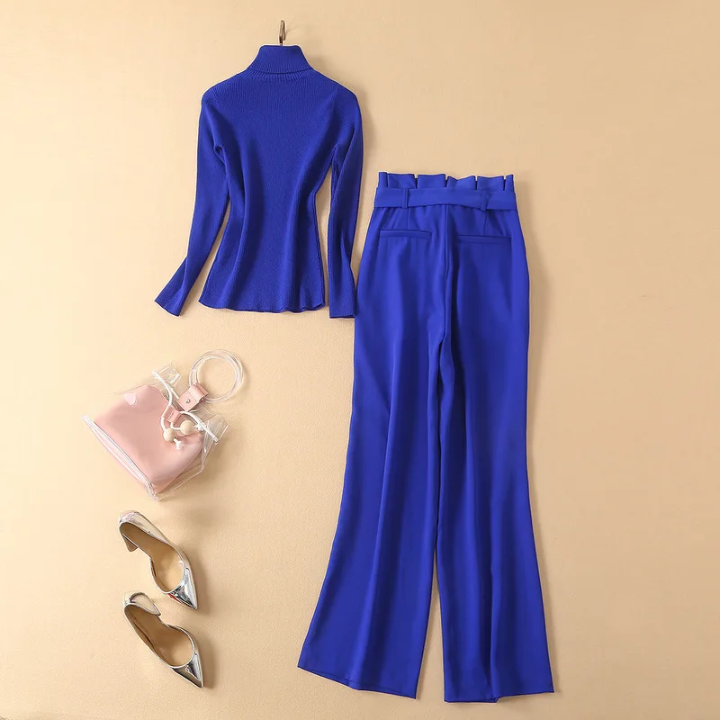 

Office Lady Elegant Blue Suit Set 2019 Spring Autumn Turtleneck Knitted Sweater+belt High Waist Long Pant 2 Pieces Set Jc2959
