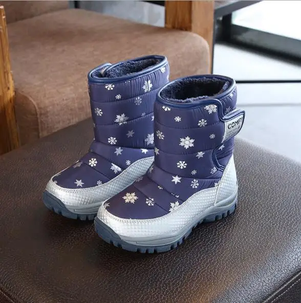 Fashion 1pair Winter warm waterproof Snow Boots Leather children's Girl Boots+ inner 17-20.2cm, Kids ski boots - Цвет: Синий