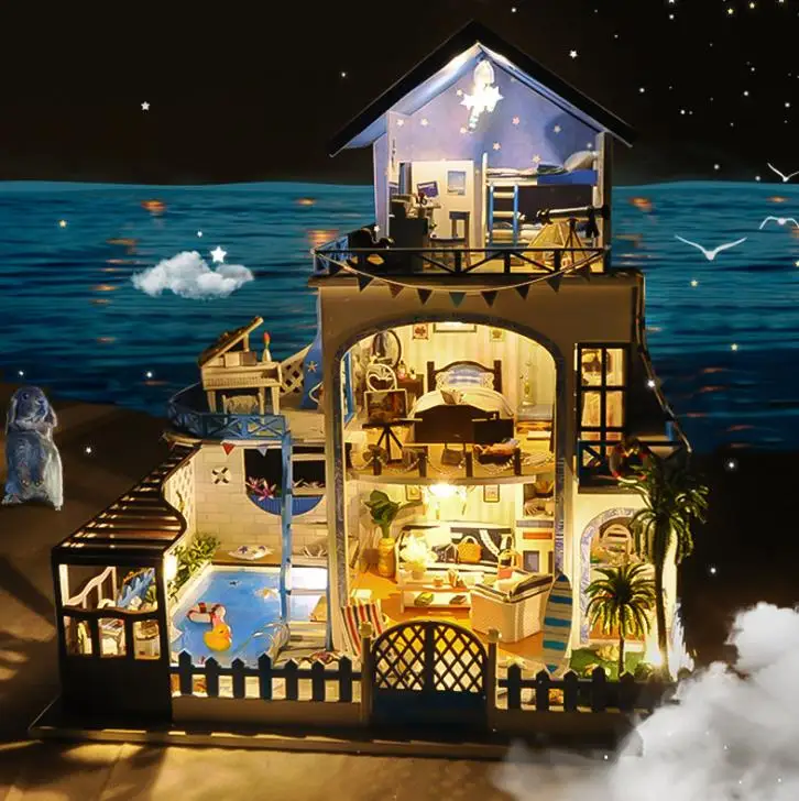 Красивое синее море вилла сад diy Кукольный дом, игрушки для детей макеты кукольного домика дома игрушки деревянный дом детский подарок