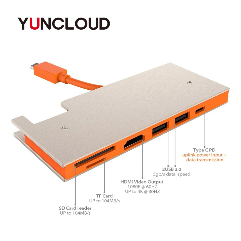 

YUNCLOUD USB Type C 3.1 Aluminum Hub to TF SD Card Reader HDMI 4K 30Hz 2*USB 3.0 PD Power Delivery Adapter For Laptop Macbook