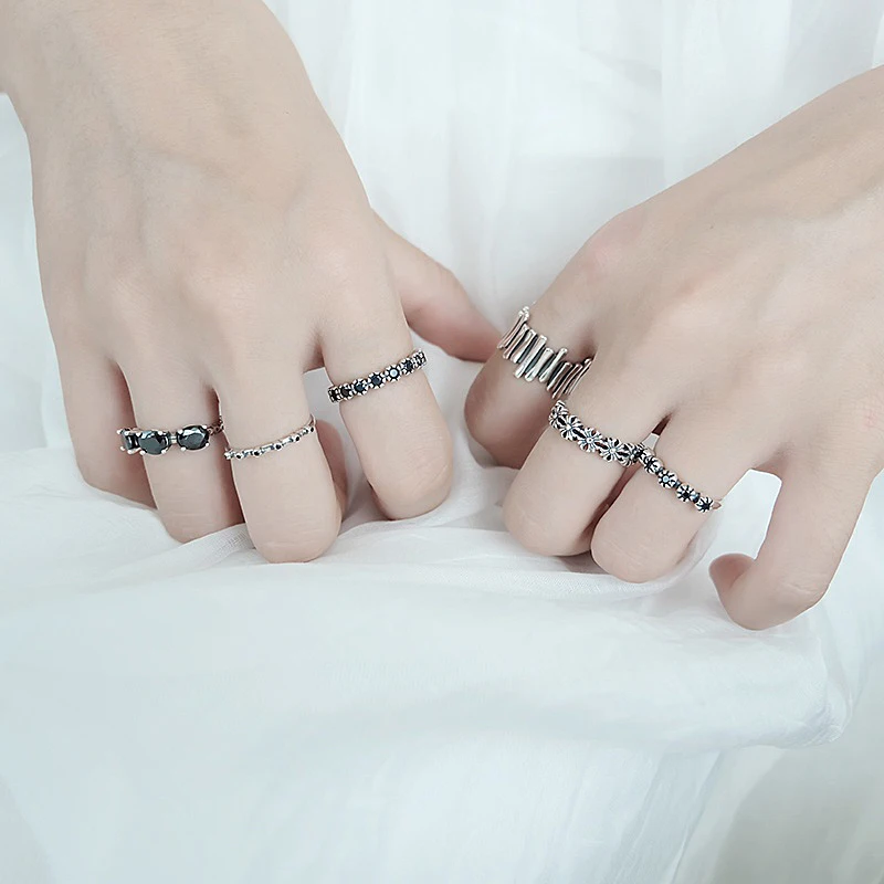 F.I.N.S кольцо с черным цирконием, штабелируемое кольцо с резным узором в виде цветка, Настоящее серебро 925, ювелирные изделия, турецкое открытое Стерлинговое Серебро, кольца для женщин