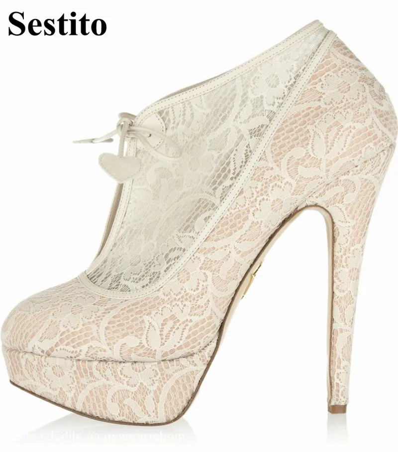 

New White Lace Woman Short Boots Round Toe Super High Heel Platform Ankle Boots For Women Thin Heels Lace-up Heart-shaped Shoes