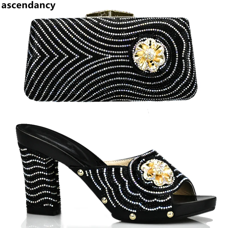 

Italian Women Shoes and Bag Set Decorated with Rhinestone Black Color Women Shoes and Bag Set for Party Nigerian Wedding Shoes