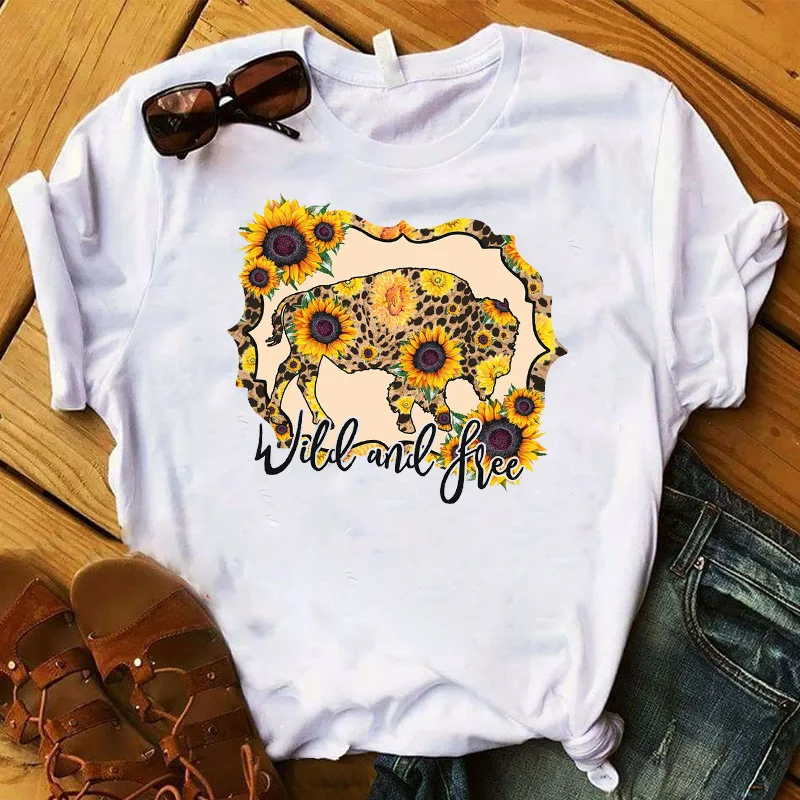 Женская футболка для женщин с изображением быка, телки, подсолнуха, дикой природы, летняя графическая футболка для женщин, топ с принтом, футболка, одежда, футболка