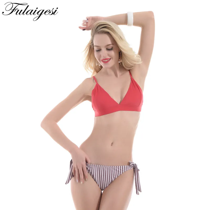 

Fulaigesi 2019 Women Sexy Striped bikini set swimwear solid knot Brazalian swimsuit bathing suit for push up V neck beachwear