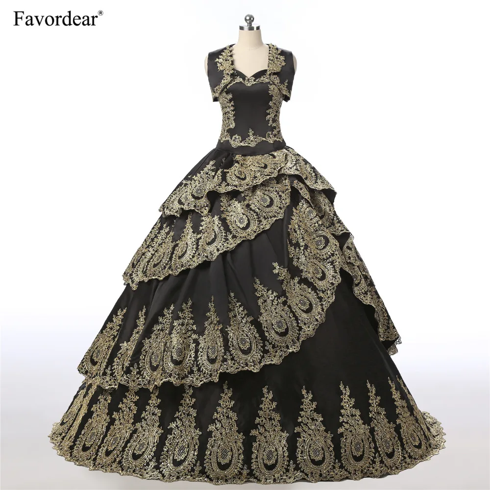 

Favordear 2018 New Vintage Black Satin Ball Gown Quinceanera Dresses With Kacket Gold Lace Tiered Ruffles Quinceanera Dresses
