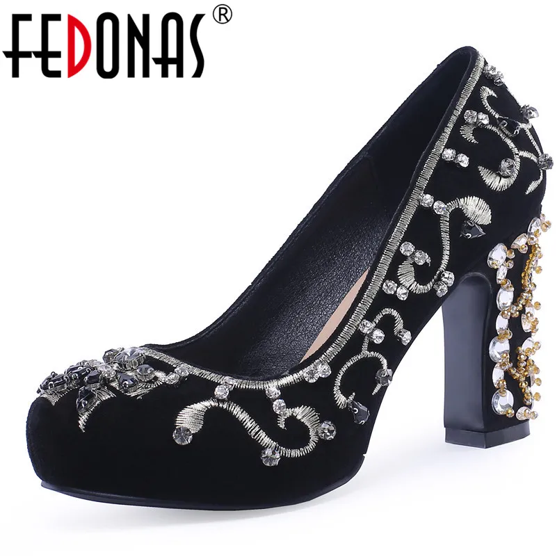 

FEDONAS Fashion Rhinestone Decoration Pumps Women New Sexy Square High Heels Quality Suede Leather Spring Summer Shoes Woman