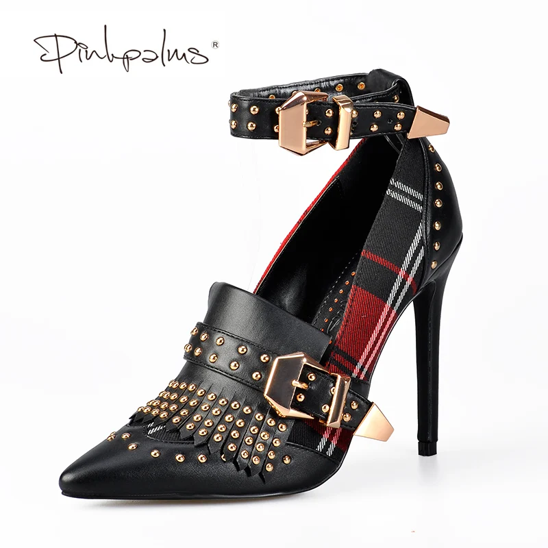 Rosa Jane red Bombas Palmas Correa Mujer Tobillo Tartan Con Black Vestido De Remaches Mujeres Mary Tacones Las Zapatos Alto El Hebilla En Plaid 8rrnEB