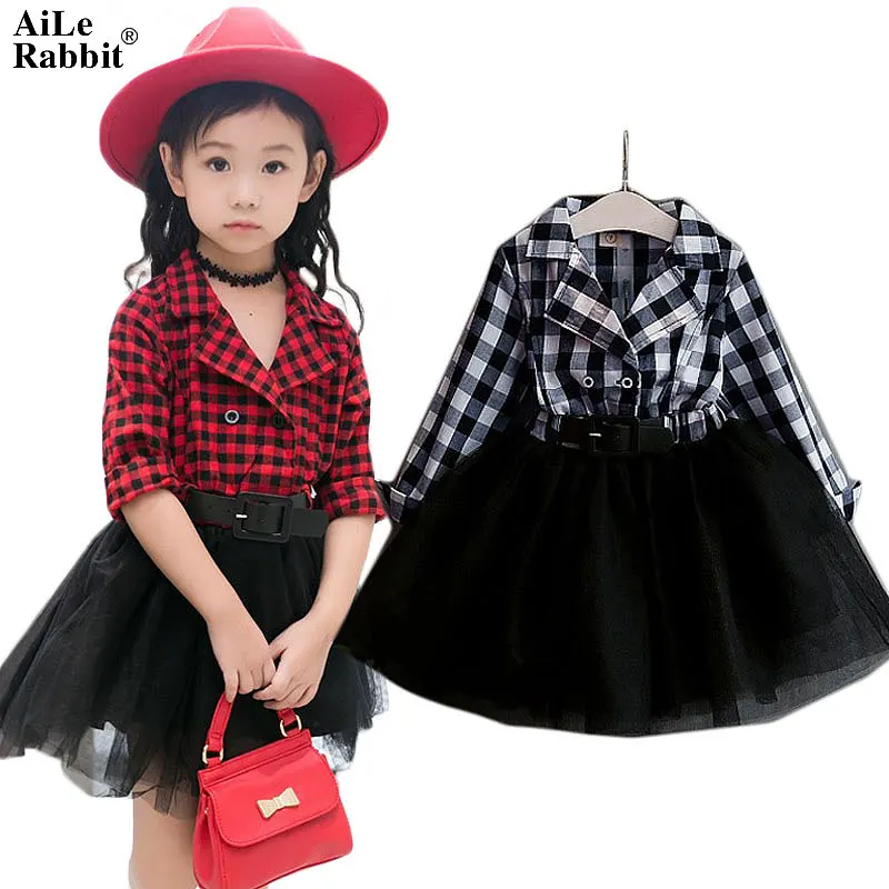 AiLe Rabbit/платья-пачки для девочек; весенне-Осенняя детская одежда с длинными рукавами; кружевное платье в клетку; детская одежда; k1