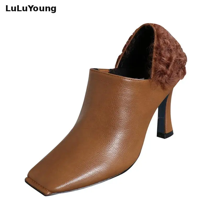 

2018 Autumn Square Toe High Heel Ankle Boots Women Fashionable Shoes With Fur