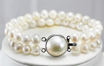 

NEW wholesale 2 rows noble 7- 8mm goden shell pearl clap bracelet 8"