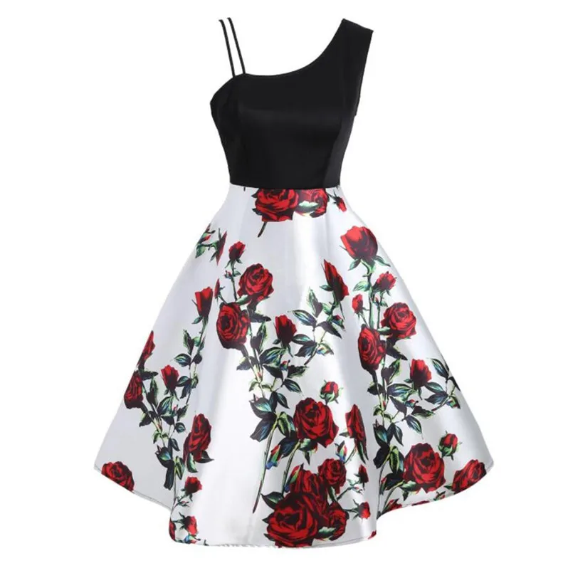 New Fashion Women Summer Off Shoulder Vintage Print Retro Rockabilly Cocktail Dress Elegant Ladies Casual Party Vestidos #4R09   (1)