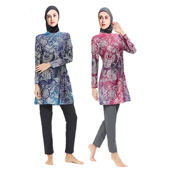 

Modest Islamic Swimwear Line Print Swimsuit Muslim Full Cover Hijab Swim Dress Plus Size Beachwear Bathing Suits