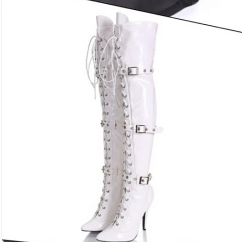 Botas mujer; черные и белые зимние сапоги выше колена; женские пикантные резиновые сапоги на высоком каблуке со шнуровкой и пряжкой; botines