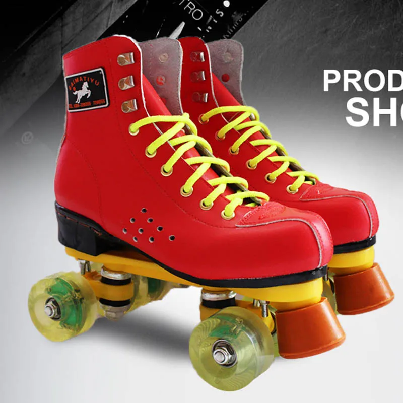 Roller Skates Red Genuine Leather With Led Lighting Wheel Double Line