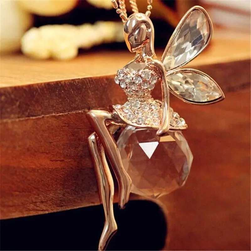 Fashion Women Jewelry Crystal Angel Wings Gold Plated Long Chain Necklace Ahiny Butterfly Fairy Necklace for Girls Birthday Gift