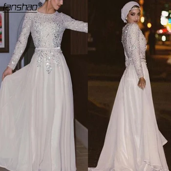 

Silver Muslim Chiffon Evening Dresses 2019 A-line Long Sleeves Beaded Sparkle Islamic Dubai Saudi Arabic Long Evening Gown Prom