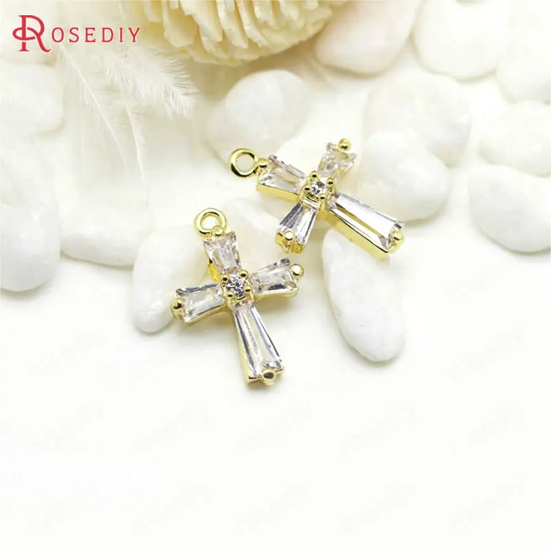 

(33989)4PCS 18*13MM 24K Gold Color Plated Brass with Zircon Cross Charms Pendants High Quality Diy Jewelry Findings Accessories