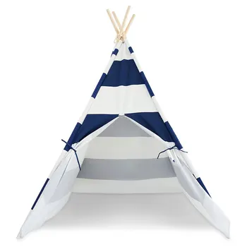 

Kids Teepee Play Tent - 100% Cotton Canvas Blue Stripe Children Tipi Playhouse with Color Flag Indoor Toy Boys Girls Baby Gift