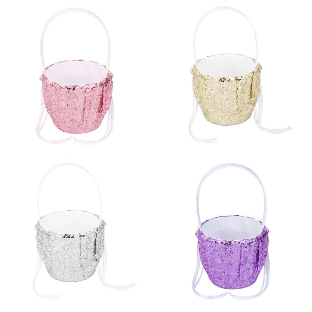Fashion Wedding Flower Girl Basket Sequins Ribbon Flower Basket for Wedding Party Decoration Love Case Satin Basket Storage