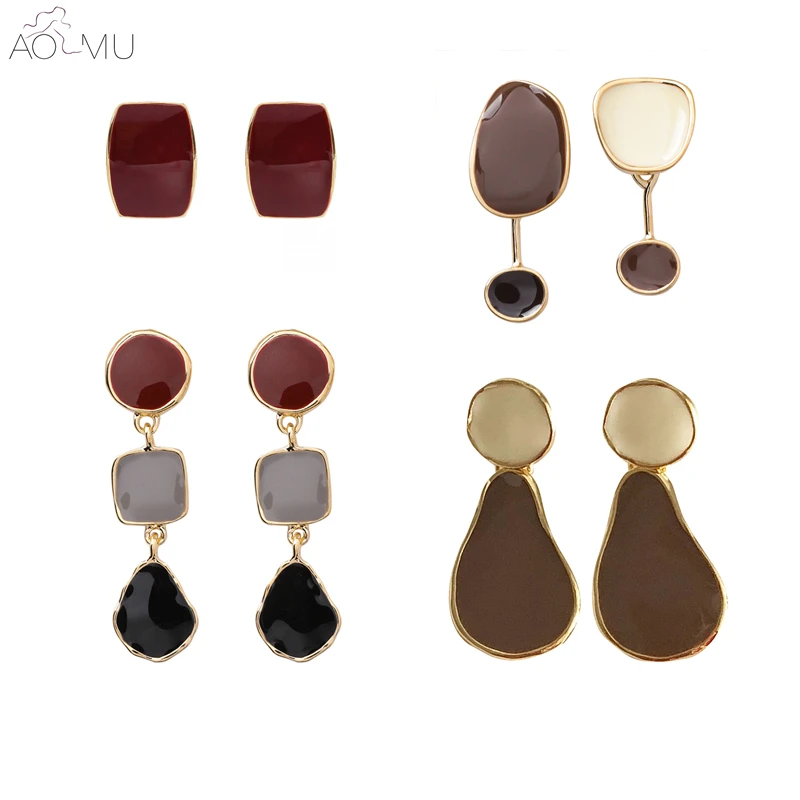 

AOMU 2019 New Vintage Colorful Enamel Geometric Round Square Asymmetry Water Drop Long Drop Earrings for Women Girl Party Gift