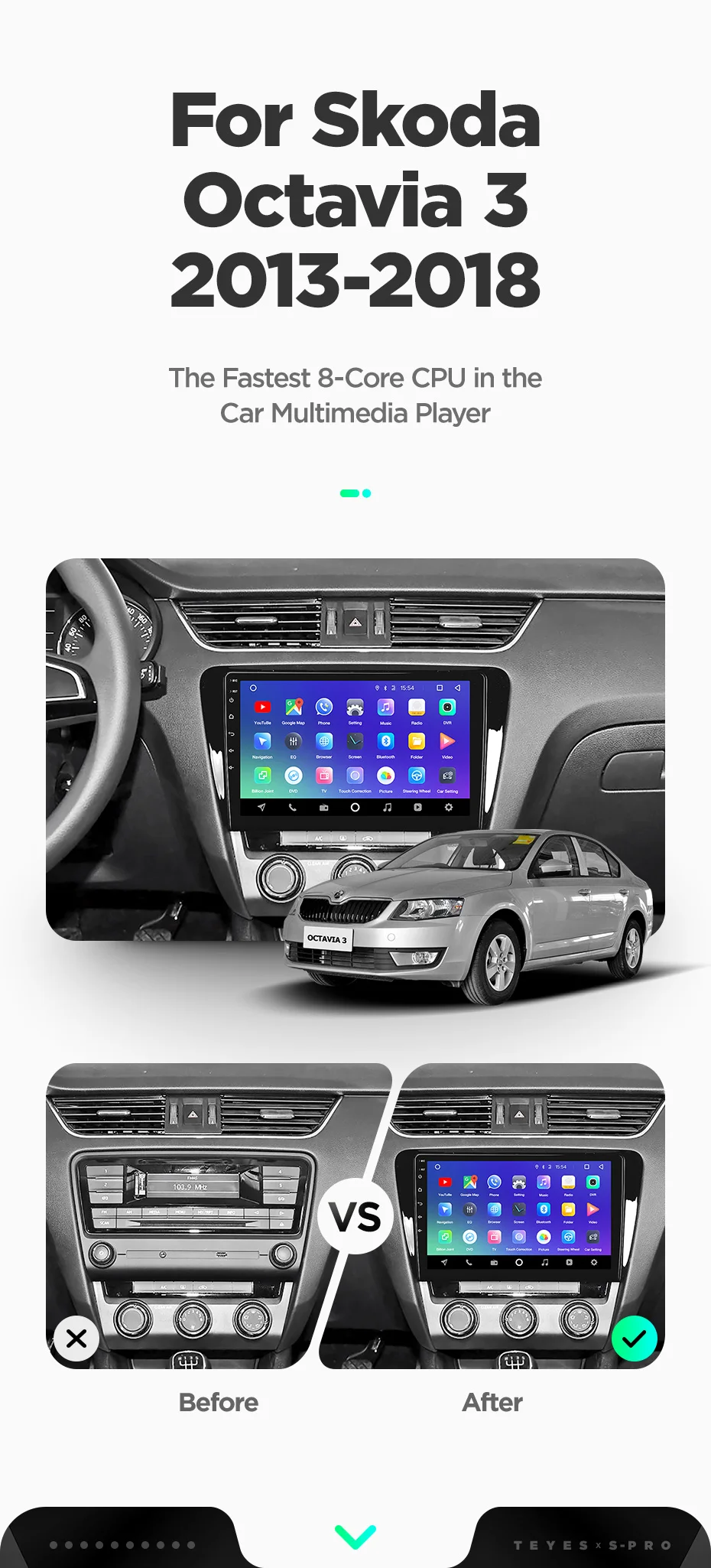 Perfect TEYES SPRO For Skoda Octavia 3 A7 2013 2014 2015 2016 2018 Car Radio Multimedia Video Player Navigation GPS Android 8.1 No 2din 4