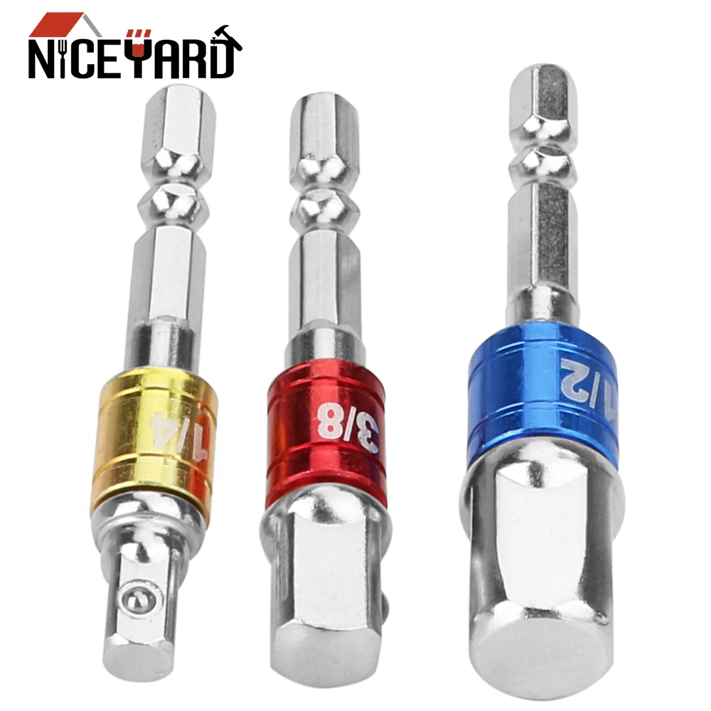 NICEYARD 3Pcs/set 1/4" 3/8" 1/2" Steel Converter Hex Shank Set Extension Power Tools Drill Bits Bar Socket Adapter Hex Bit Set