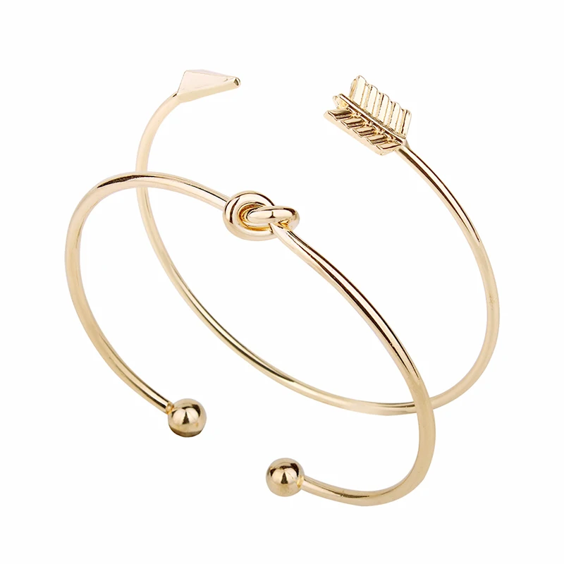 Hot 2PCS/Set Girls Minimalist Gold color Arrow Knotted Opening bracelets for Women Fashion Bangle for girls