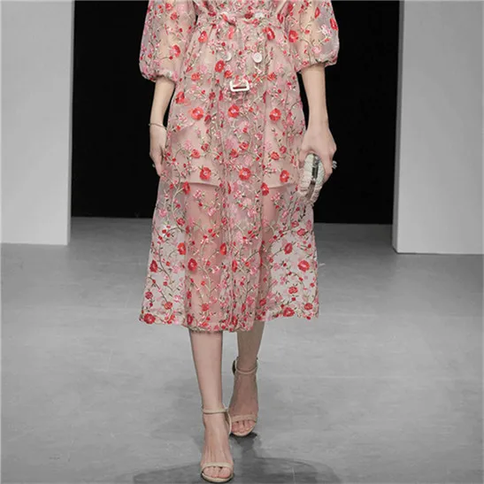 SHTONGHUA модные Подиумные двубортные сетчатые летние винтажные женские вечерние платья с цветочной вышивкой