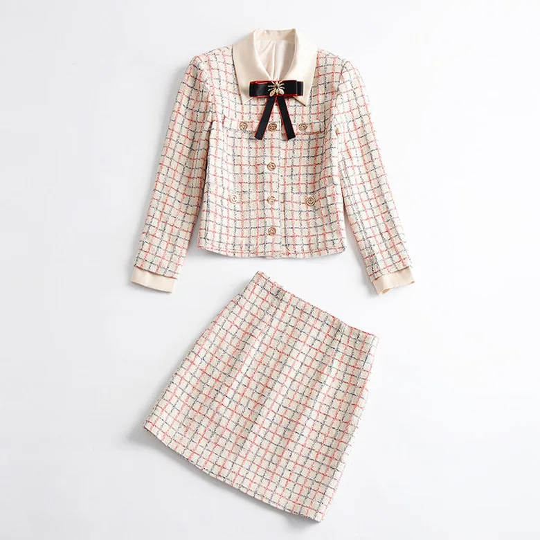 

European and American women's wear autumn 2018 The new Long sleeve Insect bows coat + skirts tweed suit