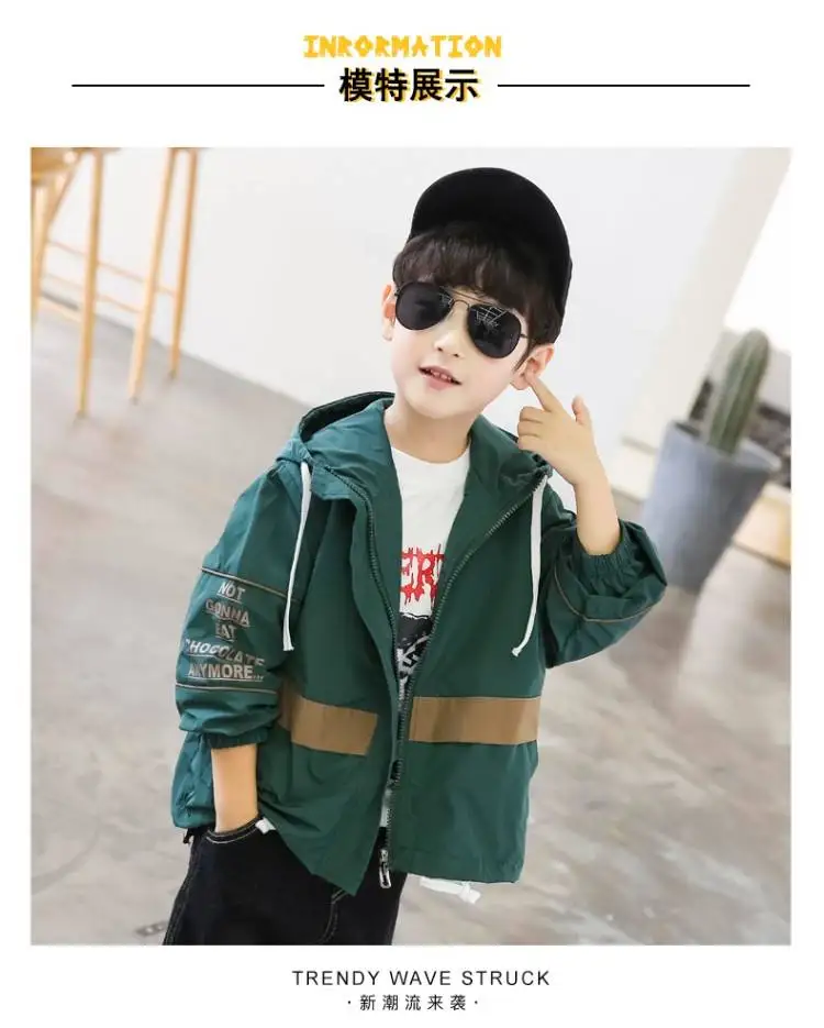 INS/популярные куртки для мальчиков куртка в Корейском стиле на осень и весну для детей от 4 до 13 лет Тренч для мальчиков пальто с контрастной строчкой и рисунком