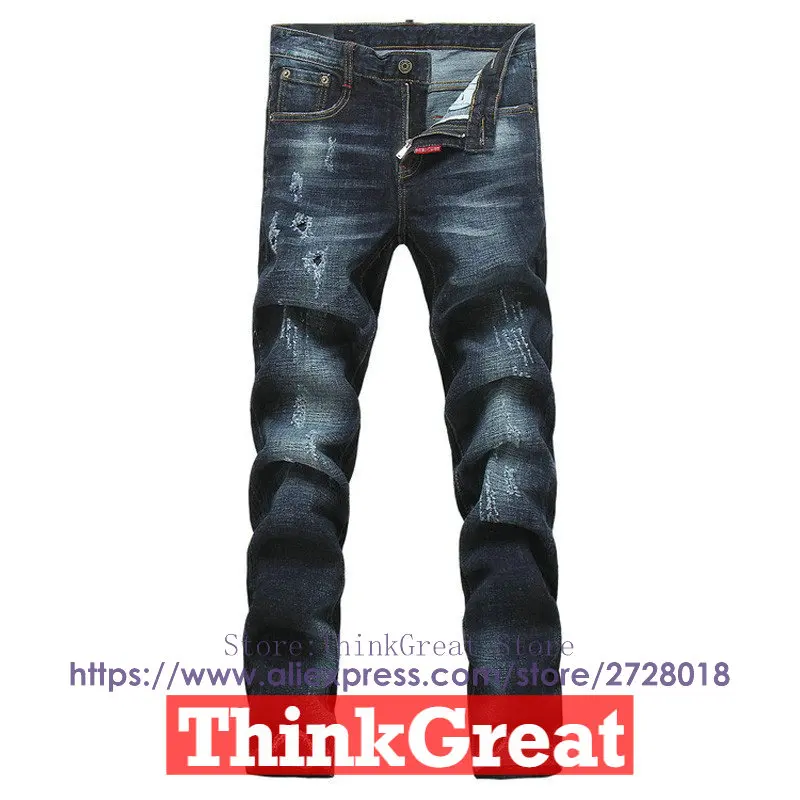 

Free  2016 Top Quality Deep Blue Washed Jeans Men Holes Pacth Damaged Slim Jeans Homme Famous Brand 100% cotton