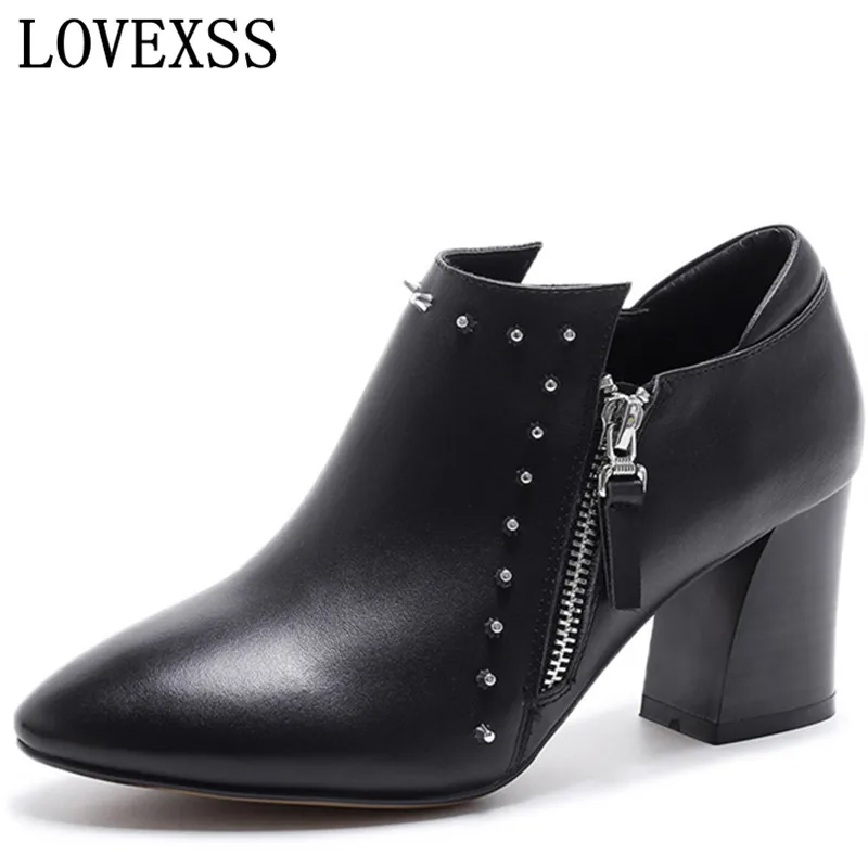 LOVEXSS Women Rivet Cow Leather Ankle Boots Zipper Fashion Round Toe