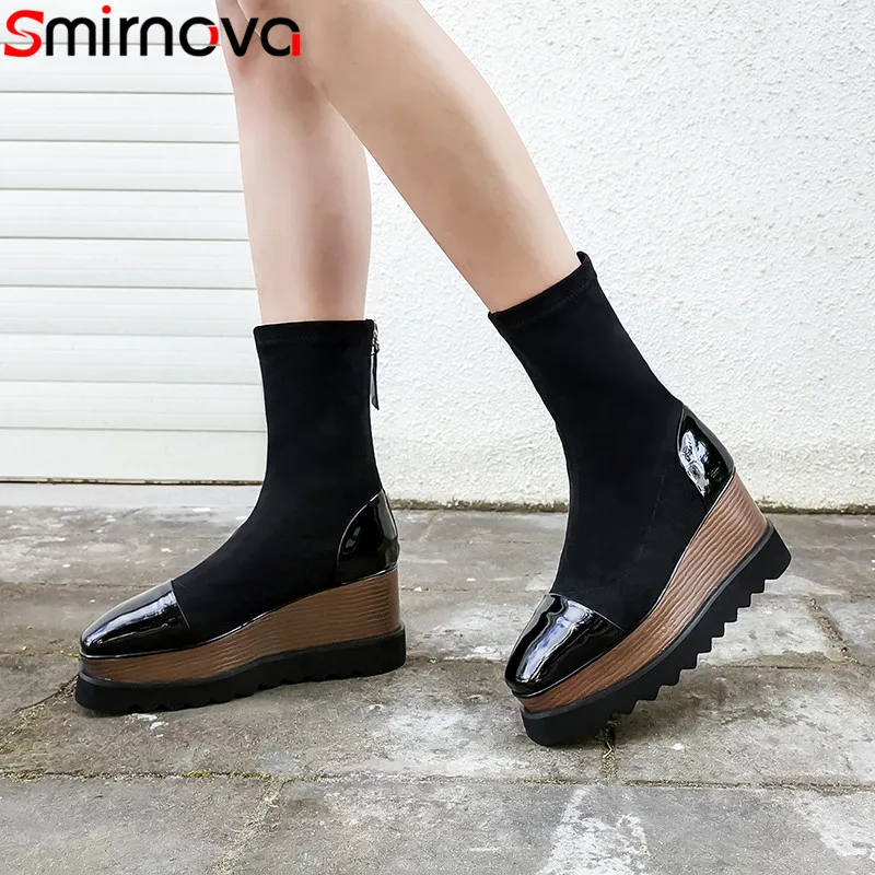 

Smirnova 2020 new ankle boots for women square toe genuine leather boots zip high heels platform wedges boots women big size